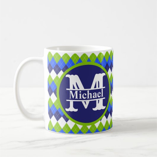 Monogramm-Kaffee, Lime-Grün und Weiß-Raute Kaffeetasse (Links)