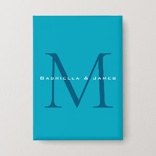 Monogramm-Kalligrafie Azurblau Modern Schlicht Button