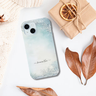 Monogramm-Kalligrafie Blau Weiße Schneeflocke Case-Mate iPhone Hülle