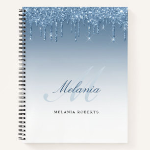 Monogramm-Kalligrafie blaue Glitter-Tropfen Notizb Notizblock
