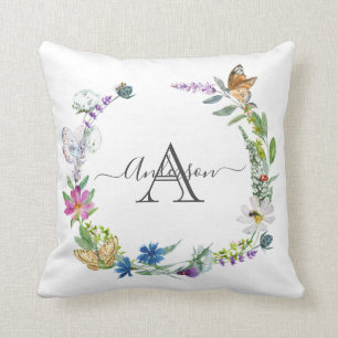 Monogramm Kalligrafie Schmetterlinge Blumen Kissen