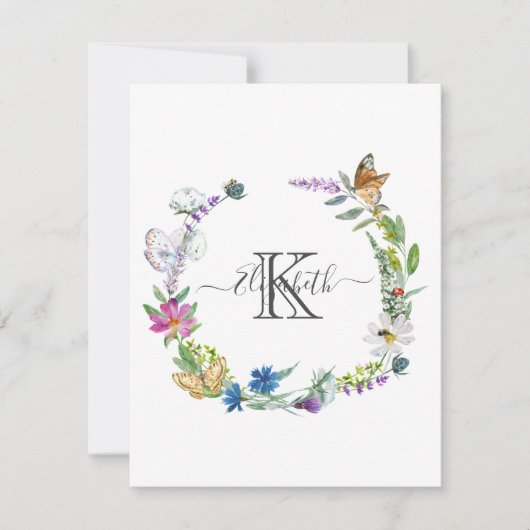 Monogramm Kalligrafie Schmetterlinge Blumen Mitteilungskarte (Vorderseite)