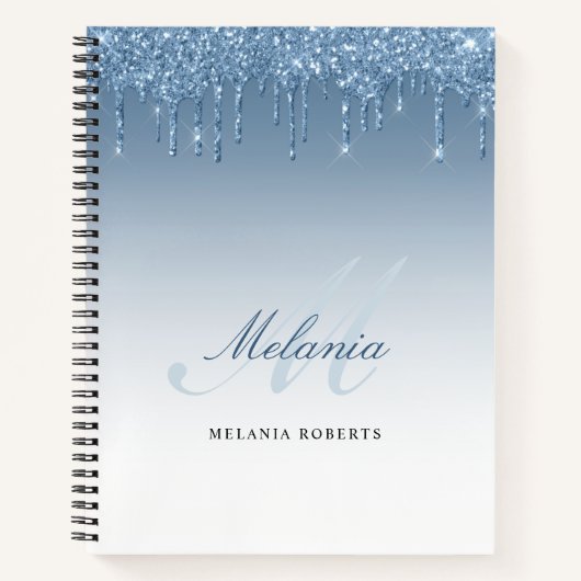 Monogramm Kalligraphie Blue Glitzer Tropfen Notebo Notizblock (Vorderseite)