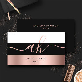 Monogramm Kalligraphie Schwarz-weiße Rose Gold Str Visitenkarte