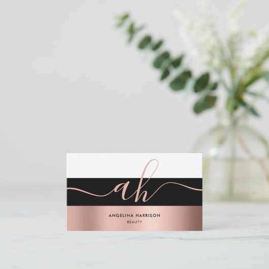Monogramm Kalligraphie Schwarz-weiße Rose Gold Str Visitenkarte (Stehend Vorderseite)