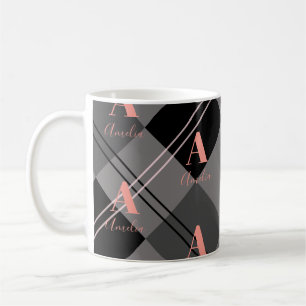 Monogramm Kariert Grau-Schwarz-Rosa Kaffeetasse