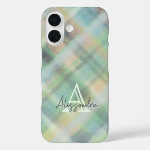 Monogramm kariert pastellgrün, grau, aquamarin iPhone 16 hülle
