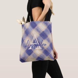 Monogramm karierte Tartan-Marineblau-Kalligraphie Tasche