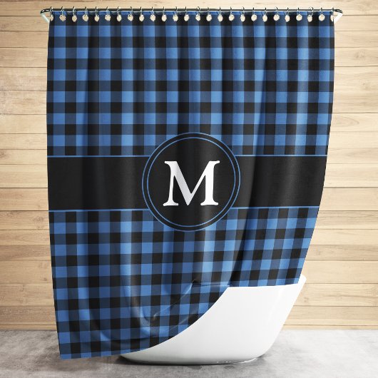 Monogramm Kariertes Prüfmuster Blau und Schwarz Duschvorhang
