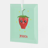 Monogramm Kawaii Erdbeerfrüchte auf Türkis Ornament Aus Glas (Vorderseite links)