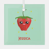 Monogramm Kawaii Erdbeerfrüchte auf Türkis Ornament Aus Glas (Vorderseite)