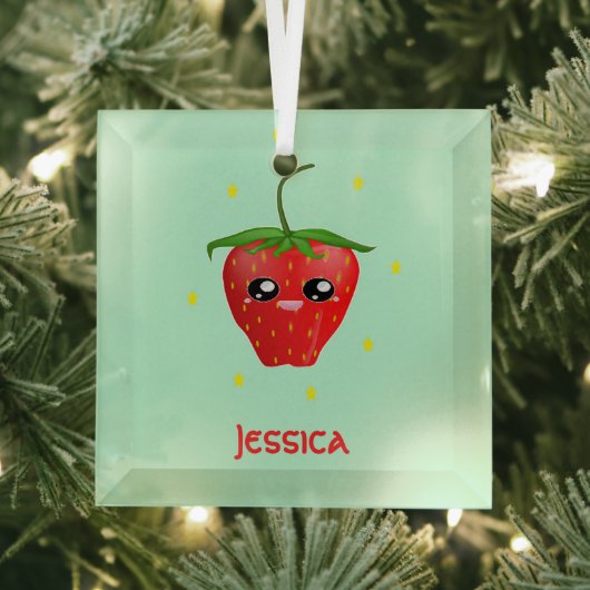 Monogramm Kawaii Erdbeerfrüchte auf Türkis Ornament Aus Glas (Insitu)