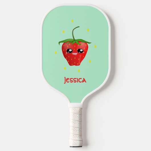 Monogramm Kawaii Erdbeerfrüchte auf Türkis Pickleball Schläger (Vorderseite)