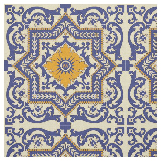 Monogramm-Keramik Azulejo Art-blaues orange Gewebe Stoff (Muster)
