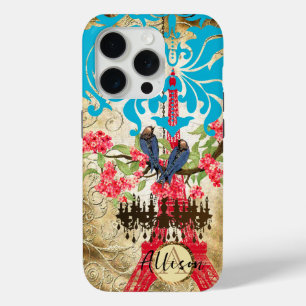 Monogramm Kirschblüten Vogel Kronleuchter iPhone 15 Pro Hülle