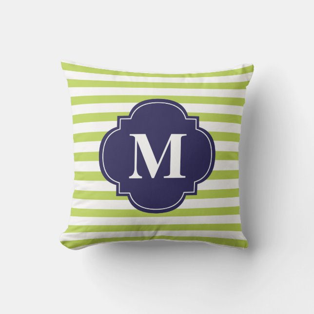 Monogramm Kiwi Green und Navy Blue Stripes Kissen (Vorderseite)