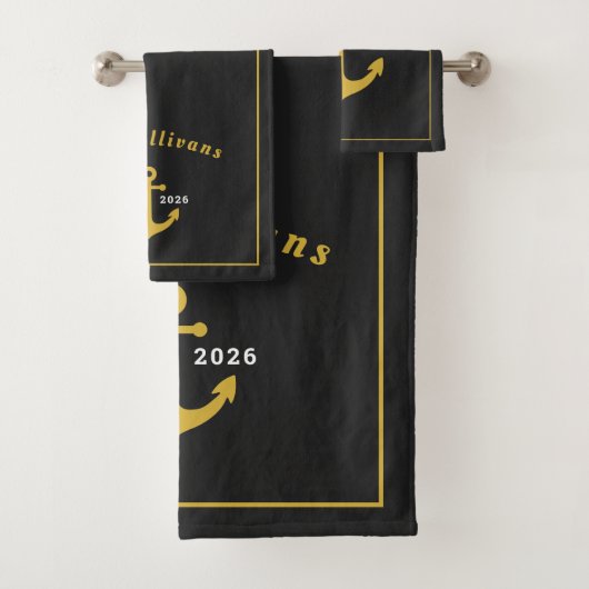 Monogramm Klassischer Maritimer Anker Schwarz Gold Badhandtuch Set (Insitu)