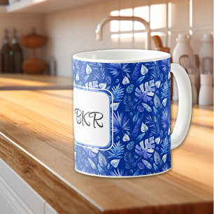 Monogramm, Kobaltblaues Tropisches Blätter-Muster  Kaffeetasse