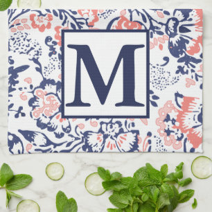 Monogramm Koralle Navy Pfirsich Vintage Blumenmust Küchentuch