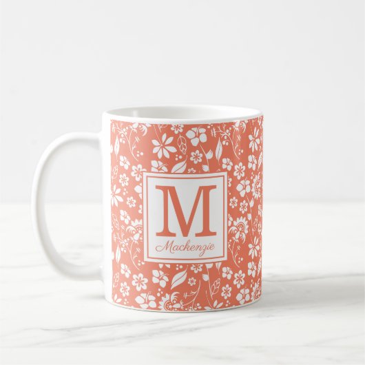 Monogramm Korallenpfirsiche Tropische Blume Kaffeetasse (Links)