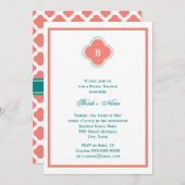 Monogramm Korallenrosa und Aquamarine Quatrefolien Einladung (Vorne/Hinten)