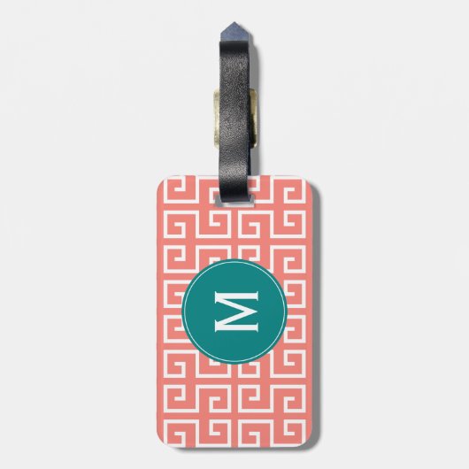 Monogramm Korallenrosa, Weiß, Aquamarines geometri Gepäckanhänger (Rückseite vertikal)