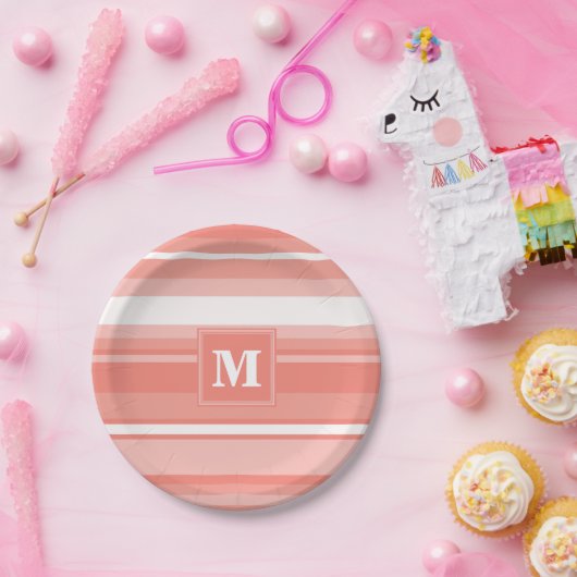 Monogramm Korallenstreifen Pappteller (Party)