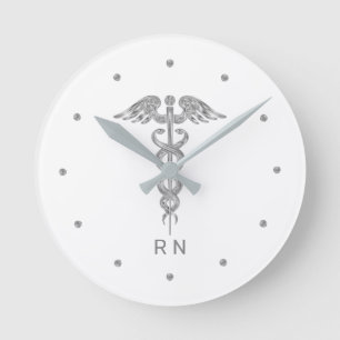 Monogramm Krankenschwester Silber-Grau Kaduzäus au Runde Wanduhr