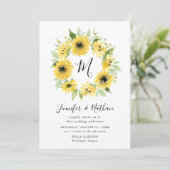 Monogramm-Kranz der Wasserfarben-Sonnenblumen | Ho Einladung (Stehend Vorderseite)