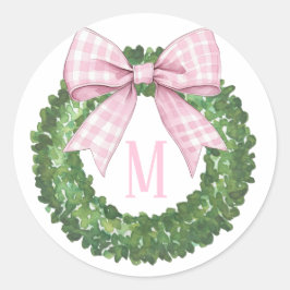 Monogramm Kranz mit Pink Gingham Bow Runder Aufkleber
