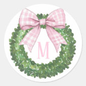 Monogramm Kranz mit Pink Gingham Bow Runder Aufkleber (Vorderseite)