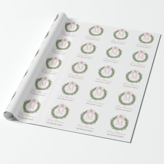 Monogramm-Kranz Weihnachten mit rosa Schleife Geschenkpapier (Ungerollt)