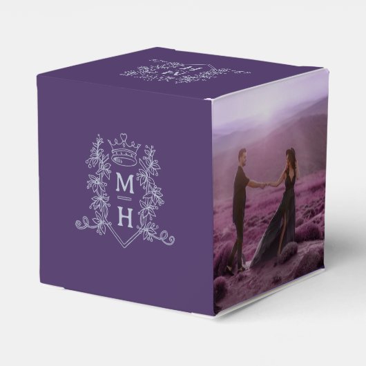 Monogramm Krone lila silbergraues Foto Hochzeit Geschenkschachtel (Rückseite)