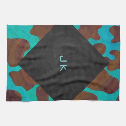 Monogramm Kuh braun und Aquamarin Küchentuch (Horizontal)