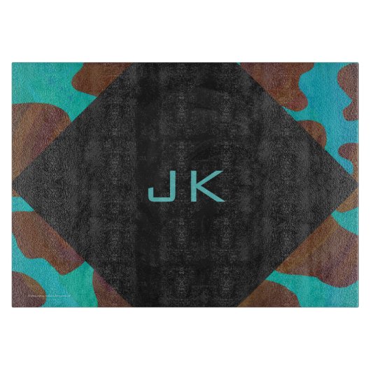 Monogramm Kuh braun und Aquamarin Schneidebrett (Vorderseite)
