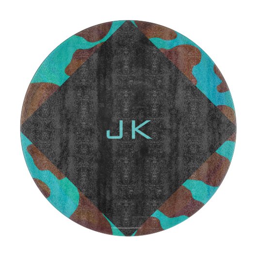 Monogramm Kuh braun und Aquamarin Schneidebrett (Vorderseite)