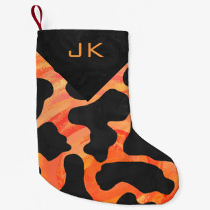 Monogramm-Kuh-schwarzes und orange Druck-Muster Kleiner Weihnachtsstrumpf