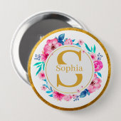 Monogramm Kunst I Goldinitiale und Wasserfarben-Ro Button (Vorne & Hinten)