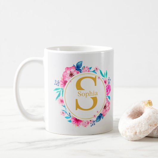 Monogramm Kunst I Goldinitiale und Wasserfarben-Ro Kaffeetasse (Mit Donut)
