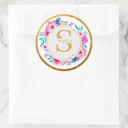Monogramm Kunst I Goldinitiale und Wasserfarben-Ro Runder Aufkleber (Tasche)