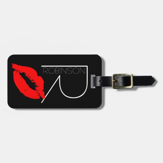 Monogramm Kuss-Lippenschwarz-rotes Gepäckanhänger (Vorderseite horizontal)