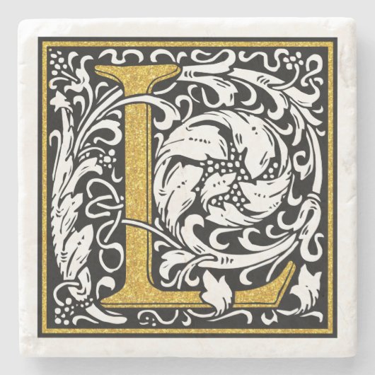 Monogramm L-Blütenakzente für Schwarz und Gold-Gli Steinuntersetzer (Vorderseite)