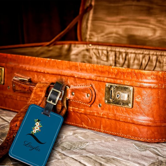 Monogramm L Kobalt Aquarell Blume Gepäckstück Gepäckanhänger