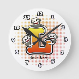 Monogramm L Sock Monkey-Uhr Runde Wanduhr