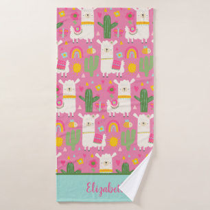 Monogramm Lamas Regenbogen Grüner Kaktus Rosa Weib Badhandtuch Set