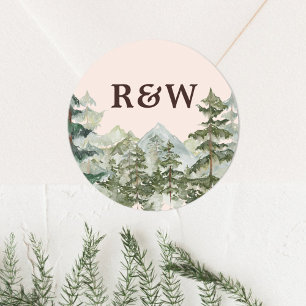 Monogramm Landhaus-Wasserfarbe Wald Berg Hochzeit Runder Aufkleber