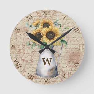 Monogramm Landsonnenblume Vintage-Buchstabe Decoup Runde Wanduhr