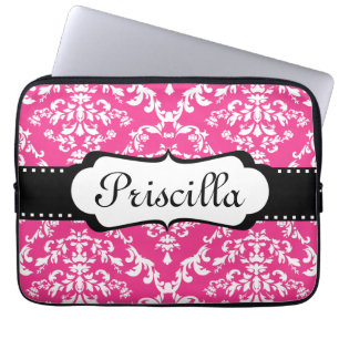 Monogramm-Laptop-Hülsen-Damast-Rosa-modernes Laptopschutzhülle