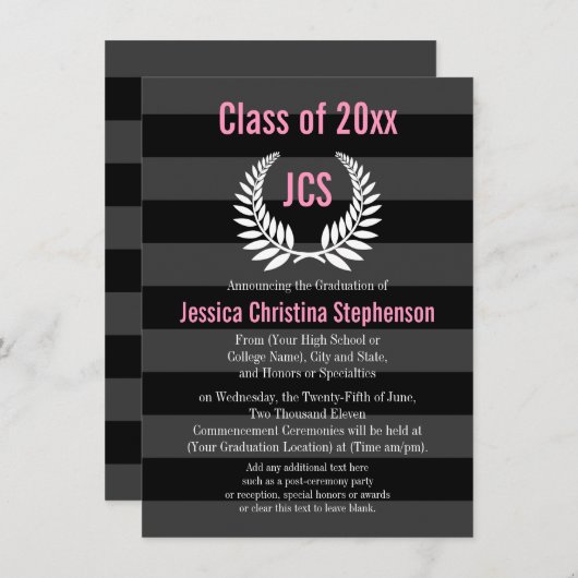 Monogramm Laurel Rosa Uni/Benutzerdefinierter Absc Einladung (Vorne/Hinten)