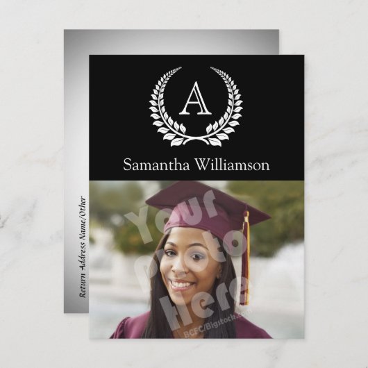 Monogramm Laurel Schwarz/Weiß Ankündigungspostkarte (Vorne/Hinten)